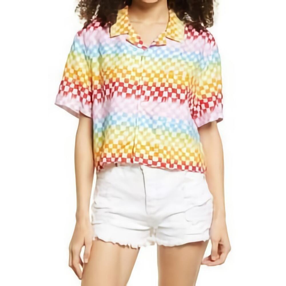 BP Cropped Shirt Womens Medium Rainbow Arcade Check Button Front